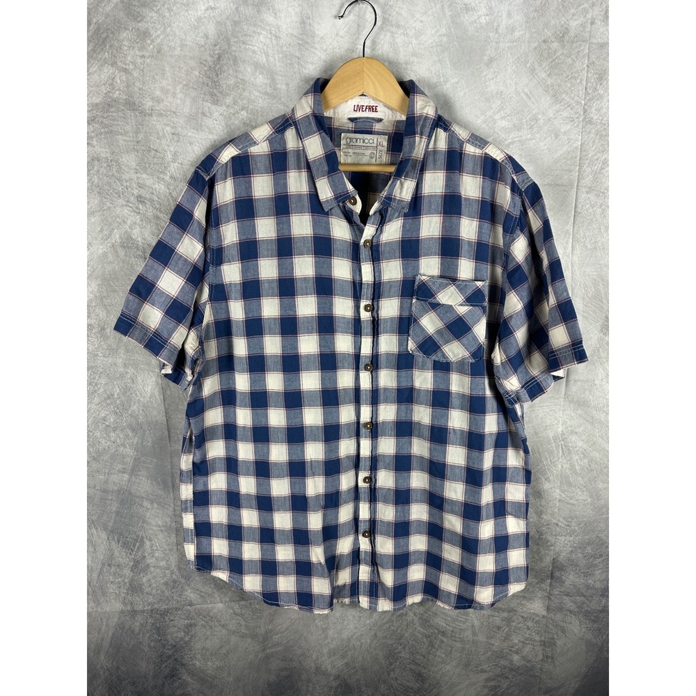 Gramicci Mens XL Plaid Short Sleeve Button Down Shirt Blue White Cotton Outdoor